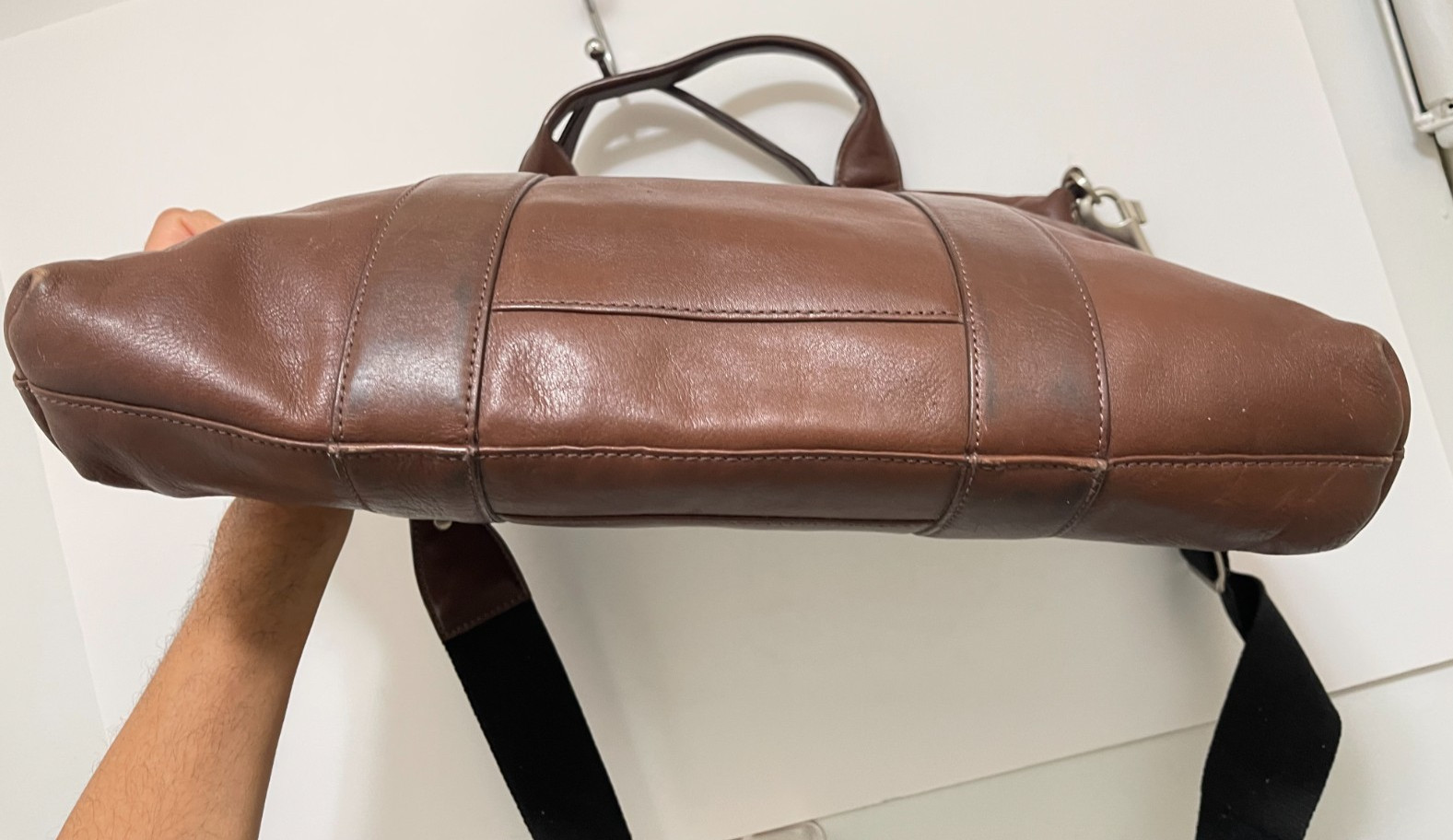 Jack Spade Mens Brown Leather Messenger Laptop Bag W Canvas Straps Career Work