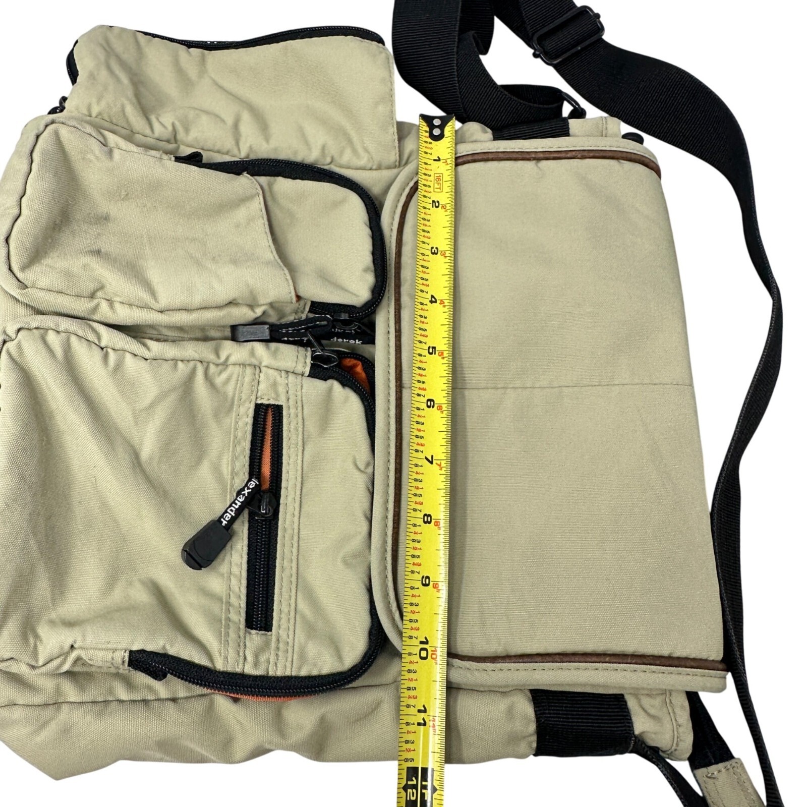Derek Alexander Crossbody Messenger Bag Beige Black Orange Multi Pocket Hiking