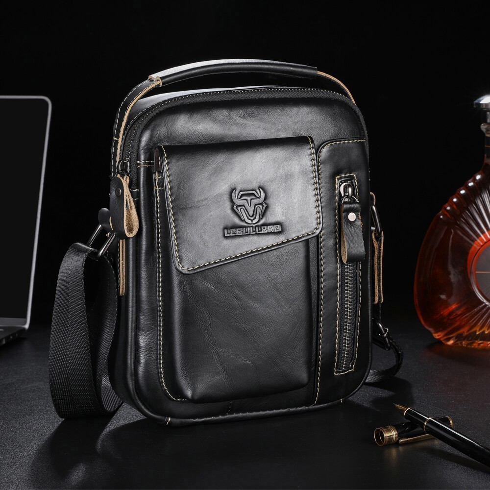 LEBULLBRO Men‘s Leather Chest Bag，Genuine Cowhide Handbag Crossbody Sling Pouch