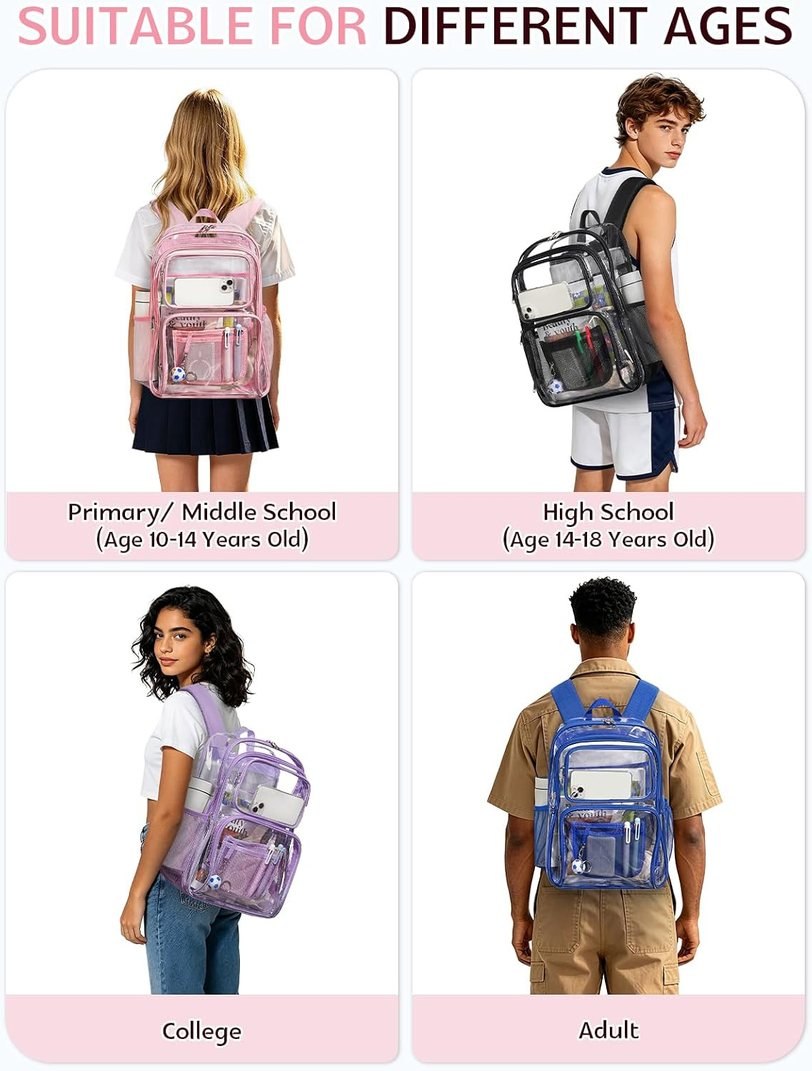 Double Layer Clear Backpack with Wide Straps, Transparent See through Bag Heavy