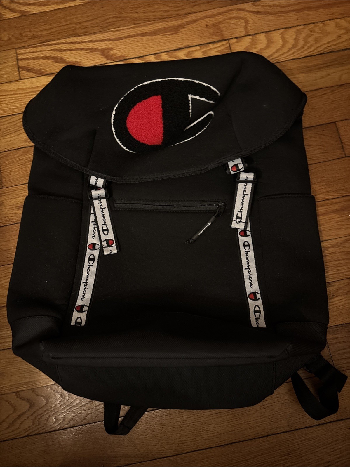 Champion Black Backpack Drawstring Buckle Adjustable Strap Front Pocket