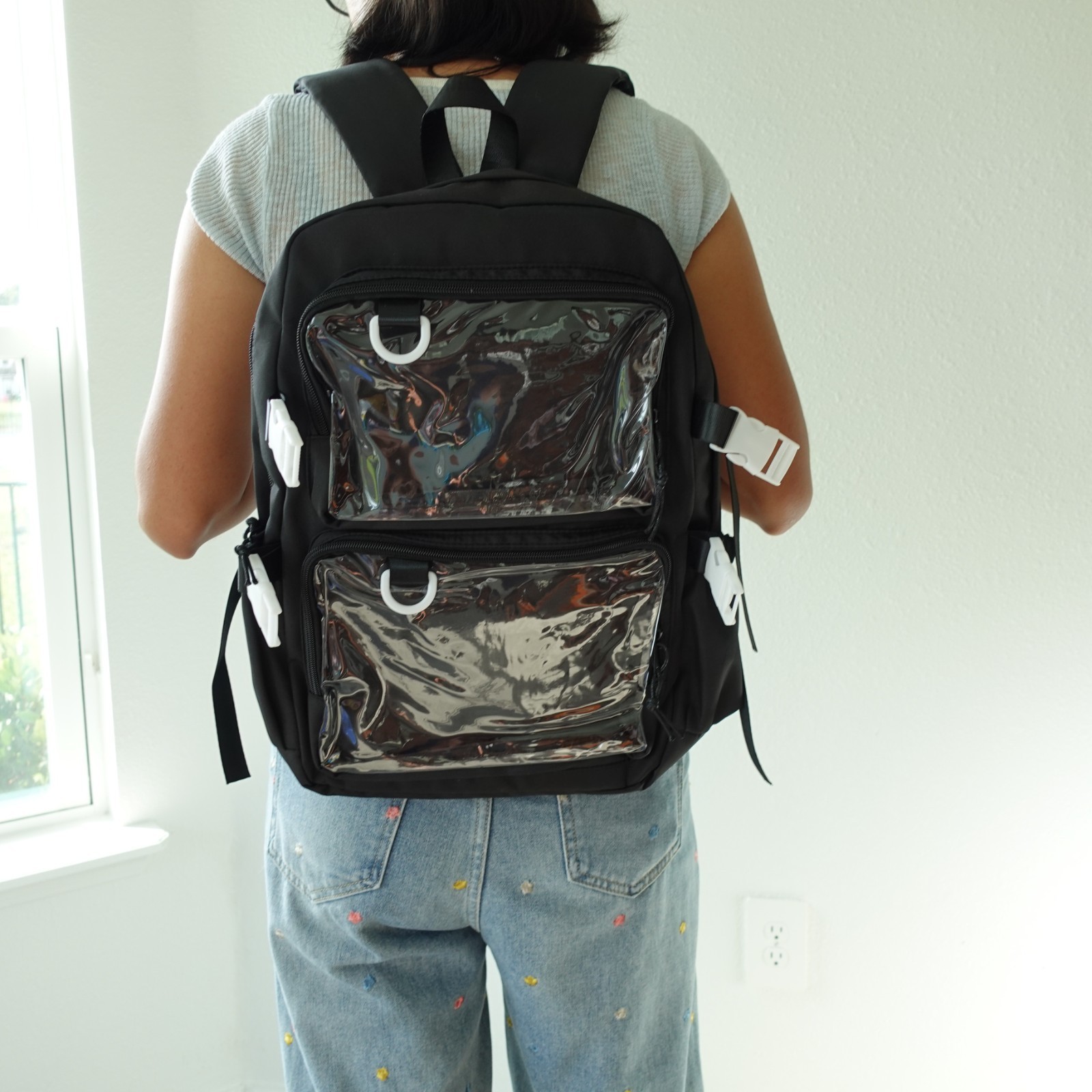 BLACK Large Ita Backpack with 2 Inserts, Lightweight Spacious Anime Pin Backpack