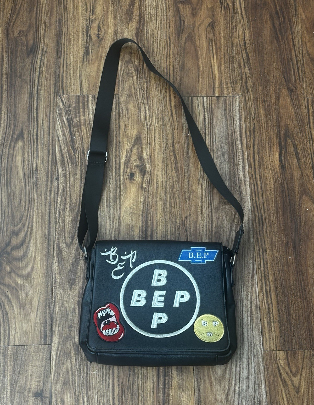 B.E.P Black Messenger Crossbody Bag Graphic Print Zip Adjustable Strap Pockets