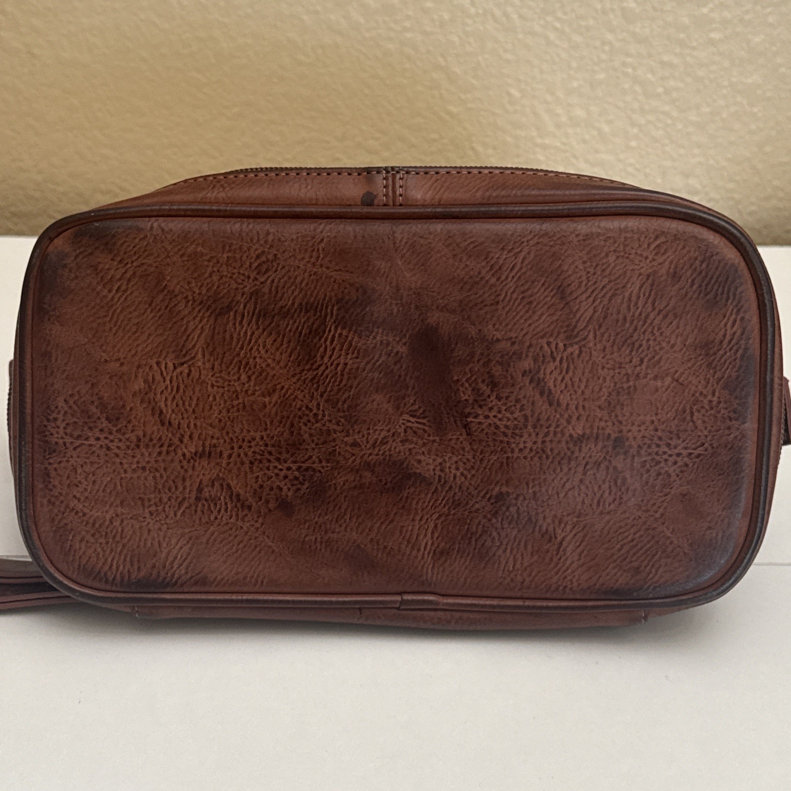 Buxton Brown Expedition Leather Toiletry Shave Bag Zippered 2 Compartment