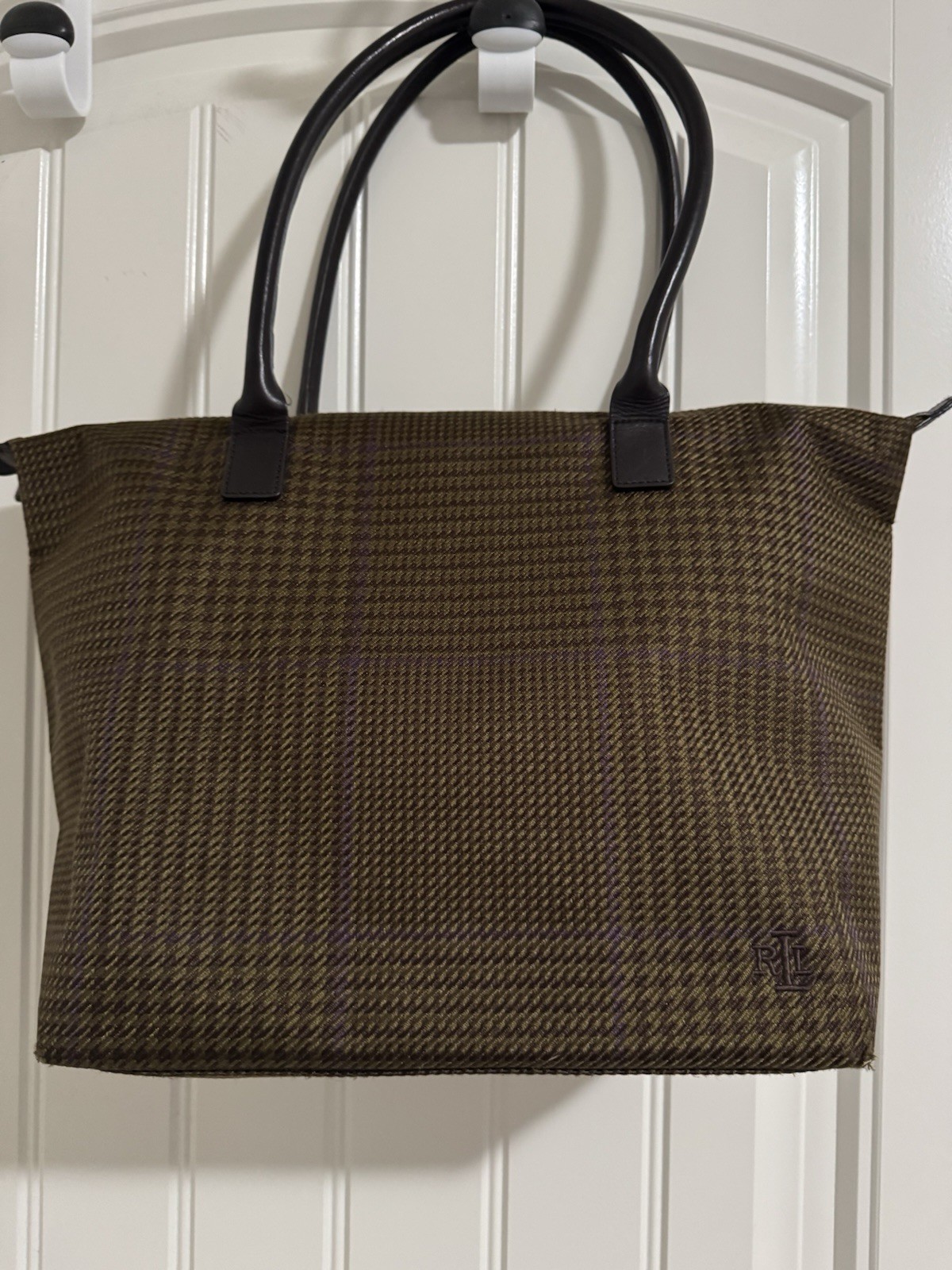 Vintage Ralph Lauren Plaid Tote Bag Brown & Olive Wool Blend Leather HandlesY2K