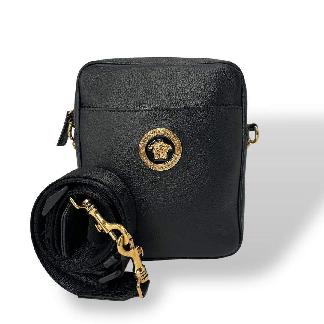 Versace Leather Shoulder Bag Black Crossbody Adjustable Strap 108.5cm W17cm