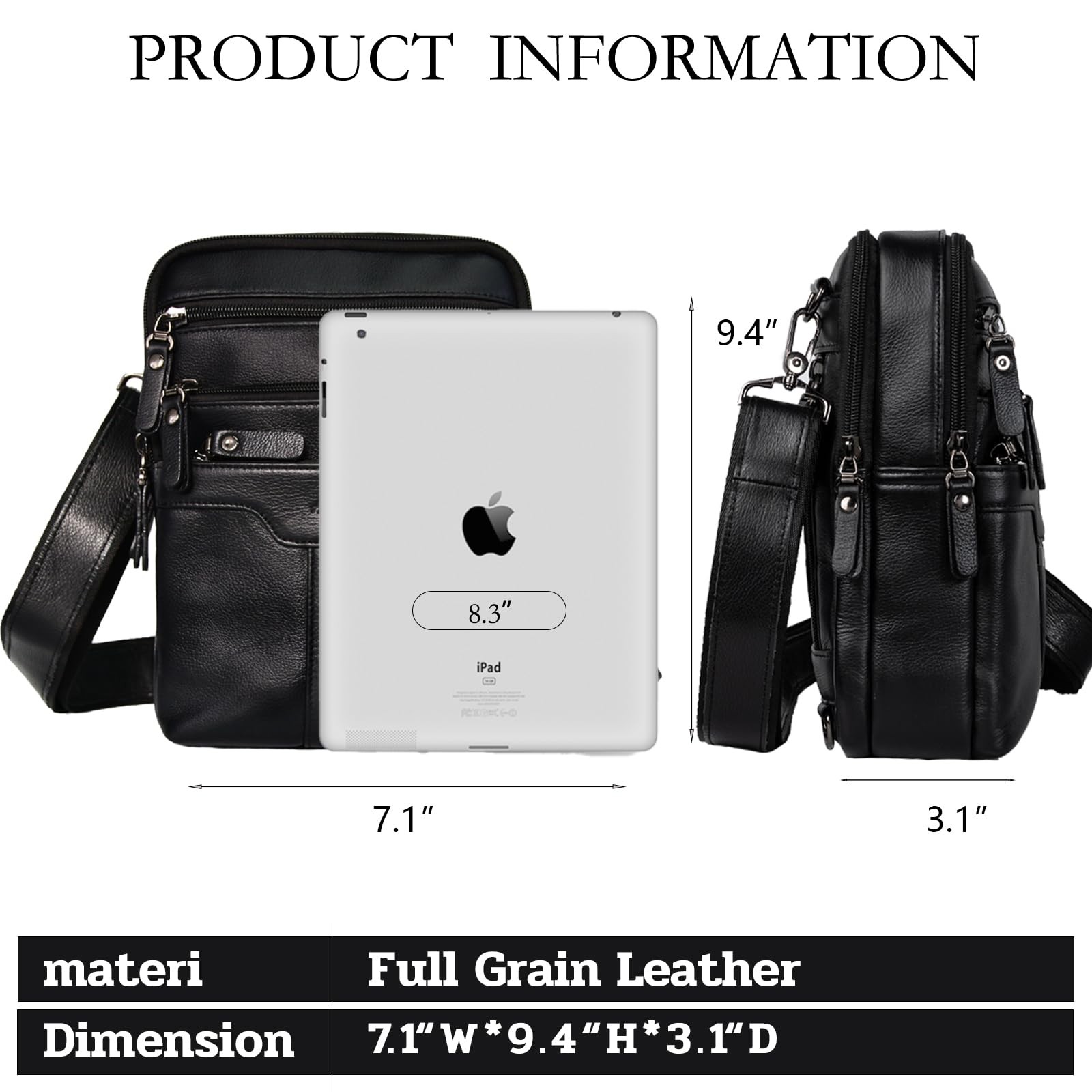 Ariscobull Leather Messenger Bag for Men, Small SIZE FOR IPAD MINI, Black