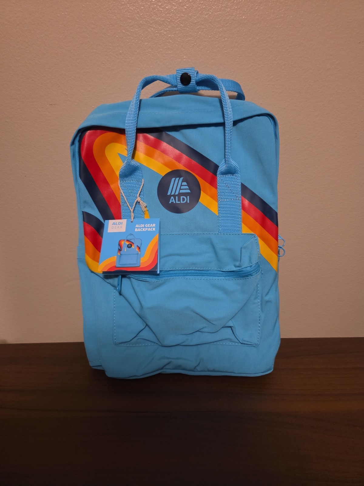 Aldi Gear Blue Rainbow Backpack with Laptop Sleeve Side Pockets Bright Logo NWT