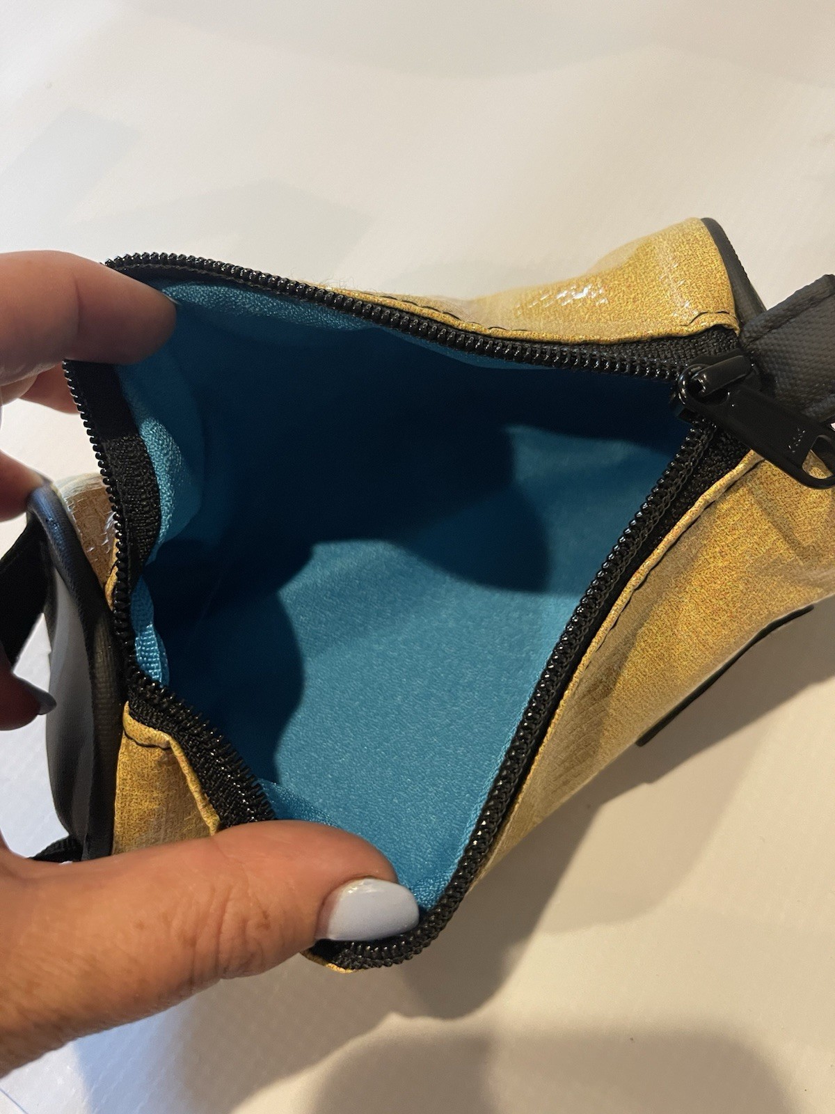 RAREFORM Gold Zip Pouch Bag w/ Top Handle Loop, Blue Lining, Solid
