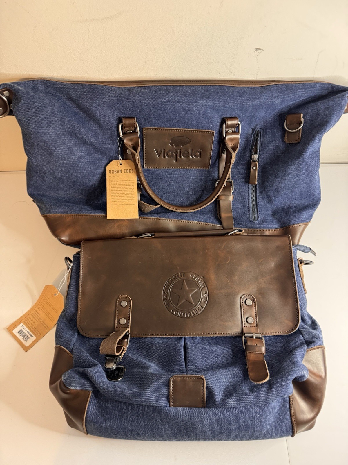 Blue Jean Material w/Leather Duffel And Messenger Bag Set Of 2 Two NWT