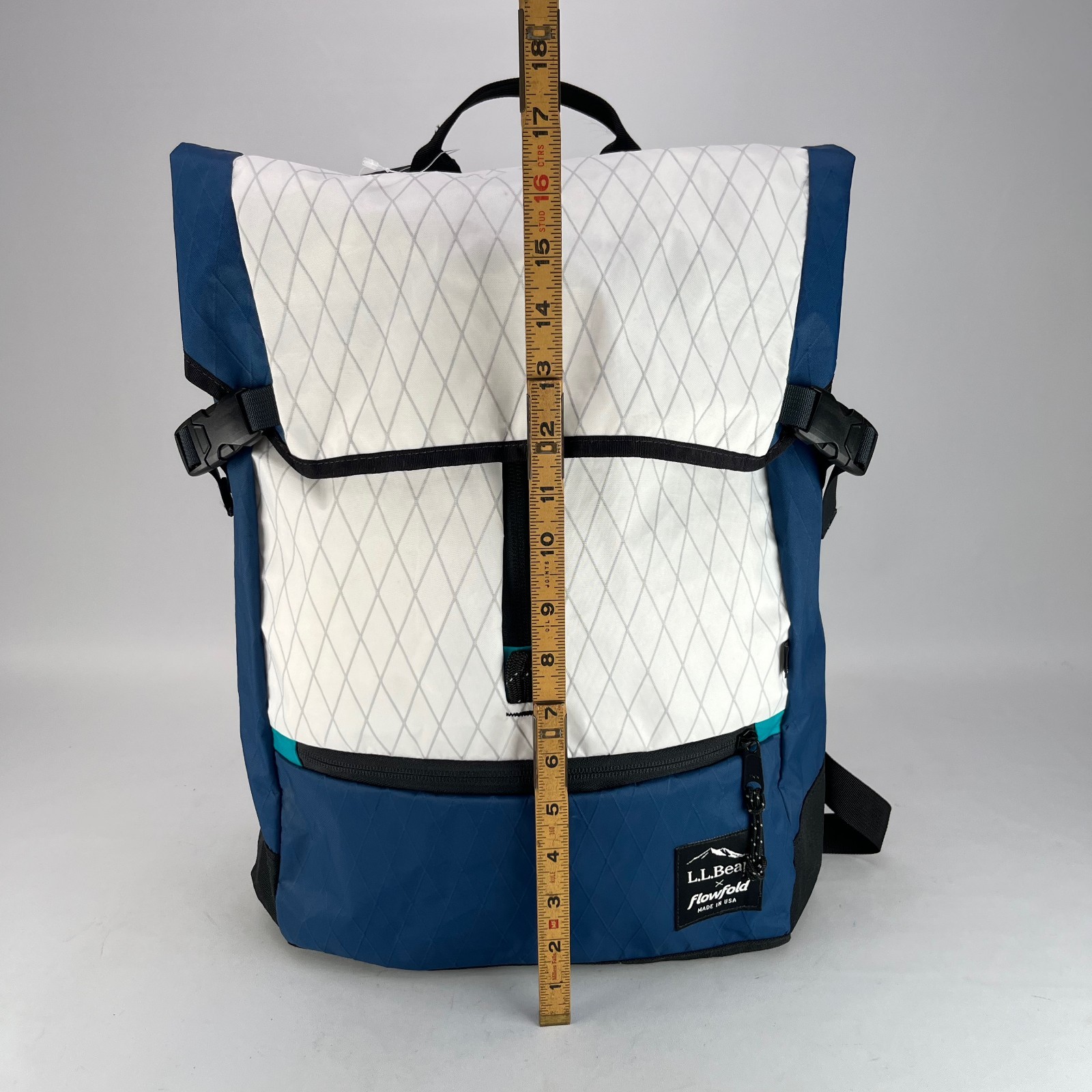 LL Bean X Flowfold Backpack Center Zip Lightweight Recycled Polyester Navy White