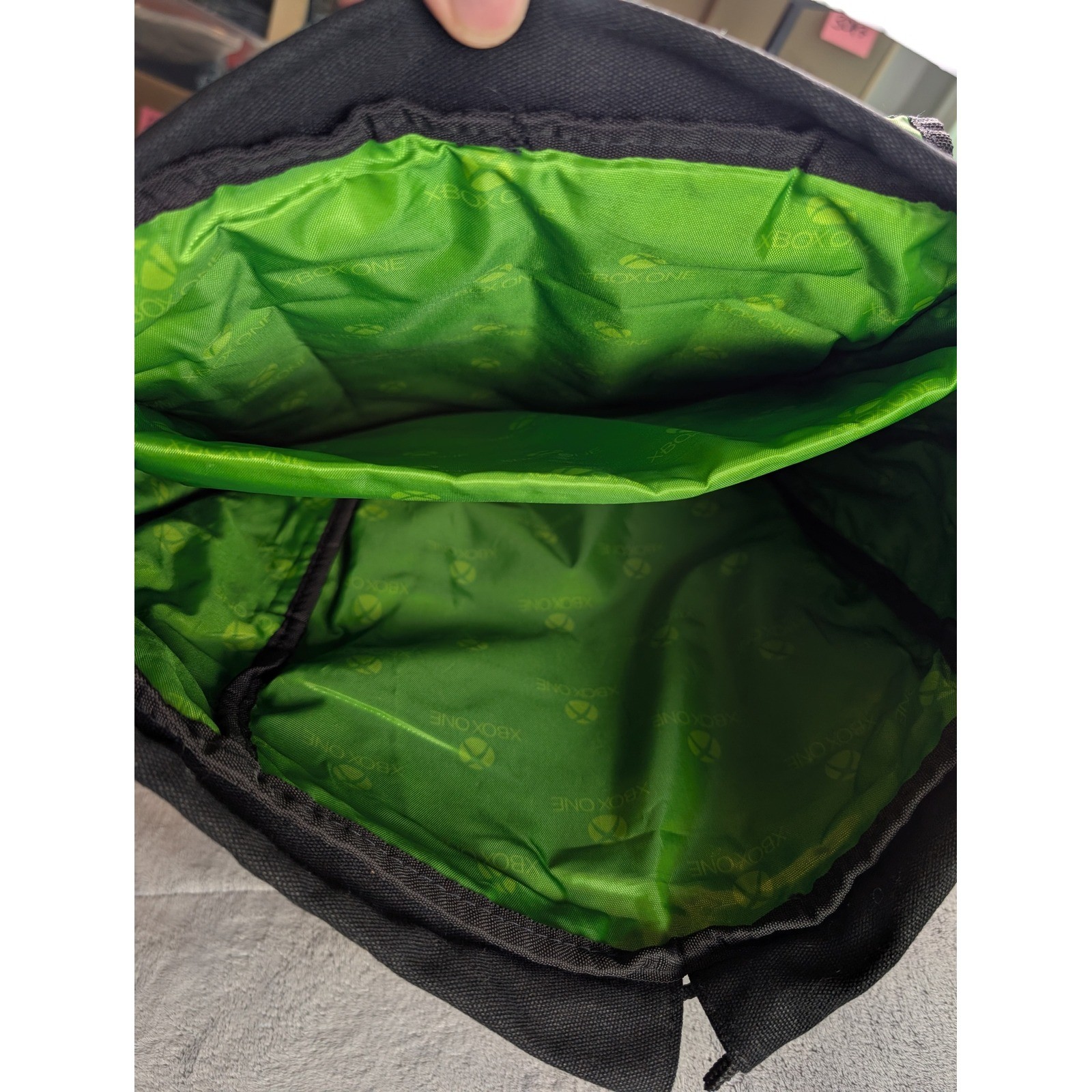 GameStop Xbox One Black Canvas Rucksack Backpack Green Interior Lining Flap Top
