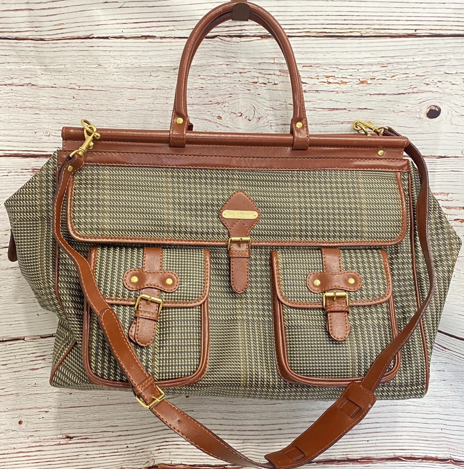Vintage Polo Ralph Lauren Business Travel Bag PVC Leather Brown Glen Check