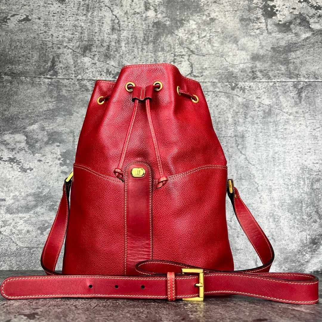 Dunhill Leather Drawstring Shoulder Bag Red Gold Hardware 31cm