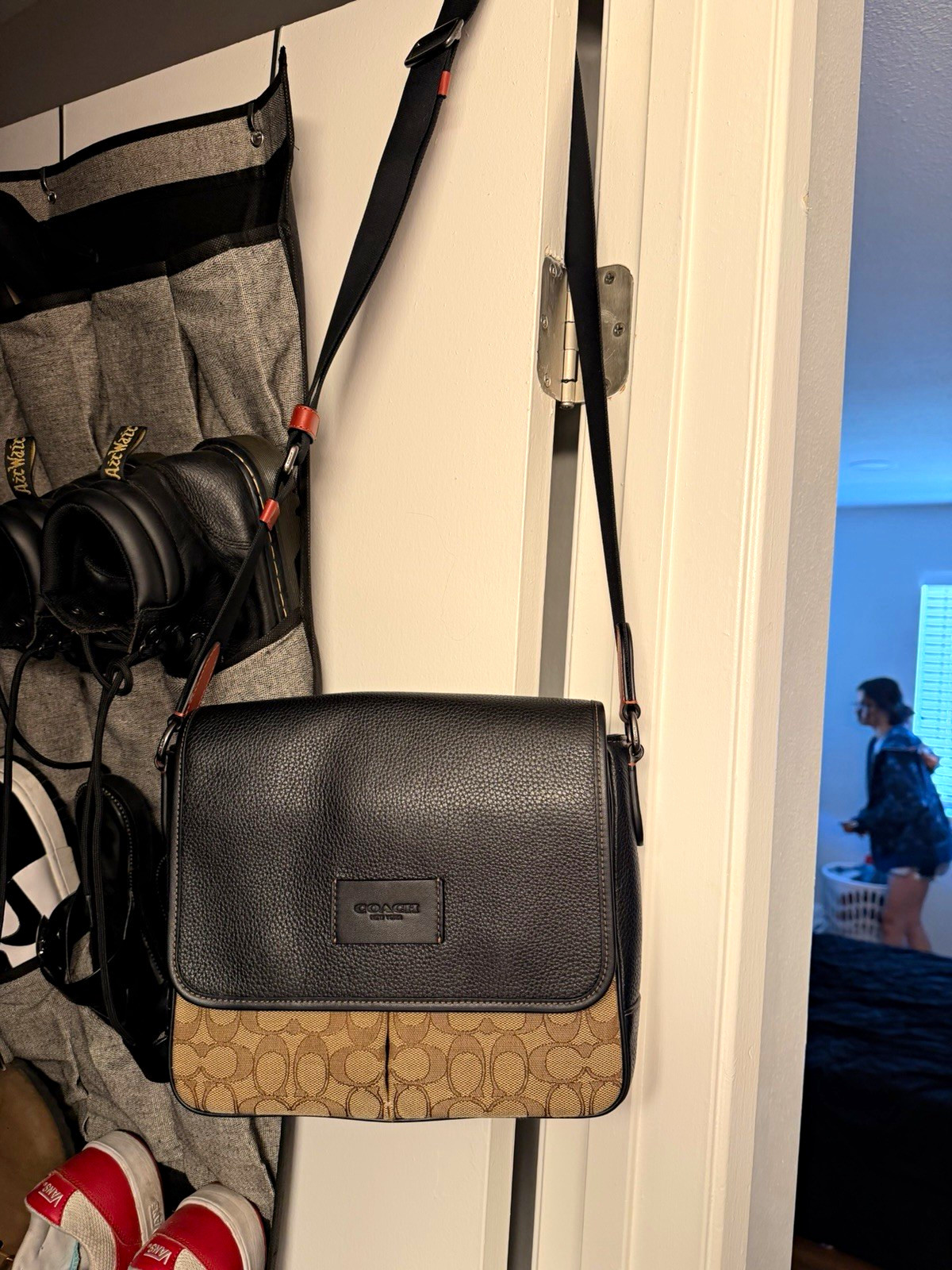 Coach Signature Logo Flap Crossbody Bag Medium Black Brown Beige Silver