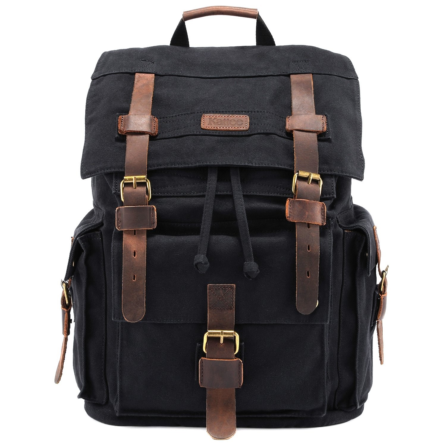 Men’s Leather Canvas Backpack Large School Bag Travel Rucksack Black