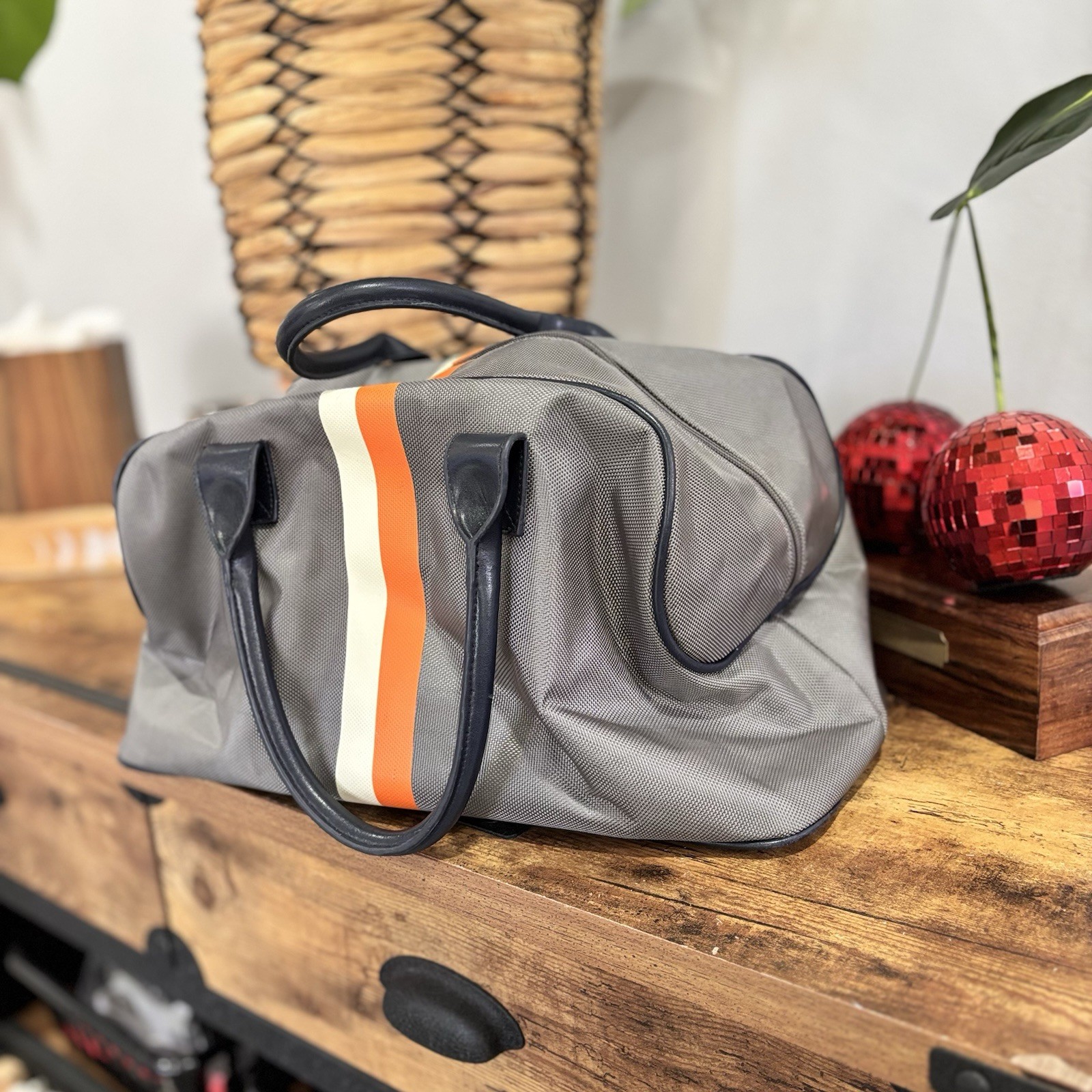 Grey Canvas Weekender Duffle Bag Retro Racing Stripe Travel Overnight Carry On