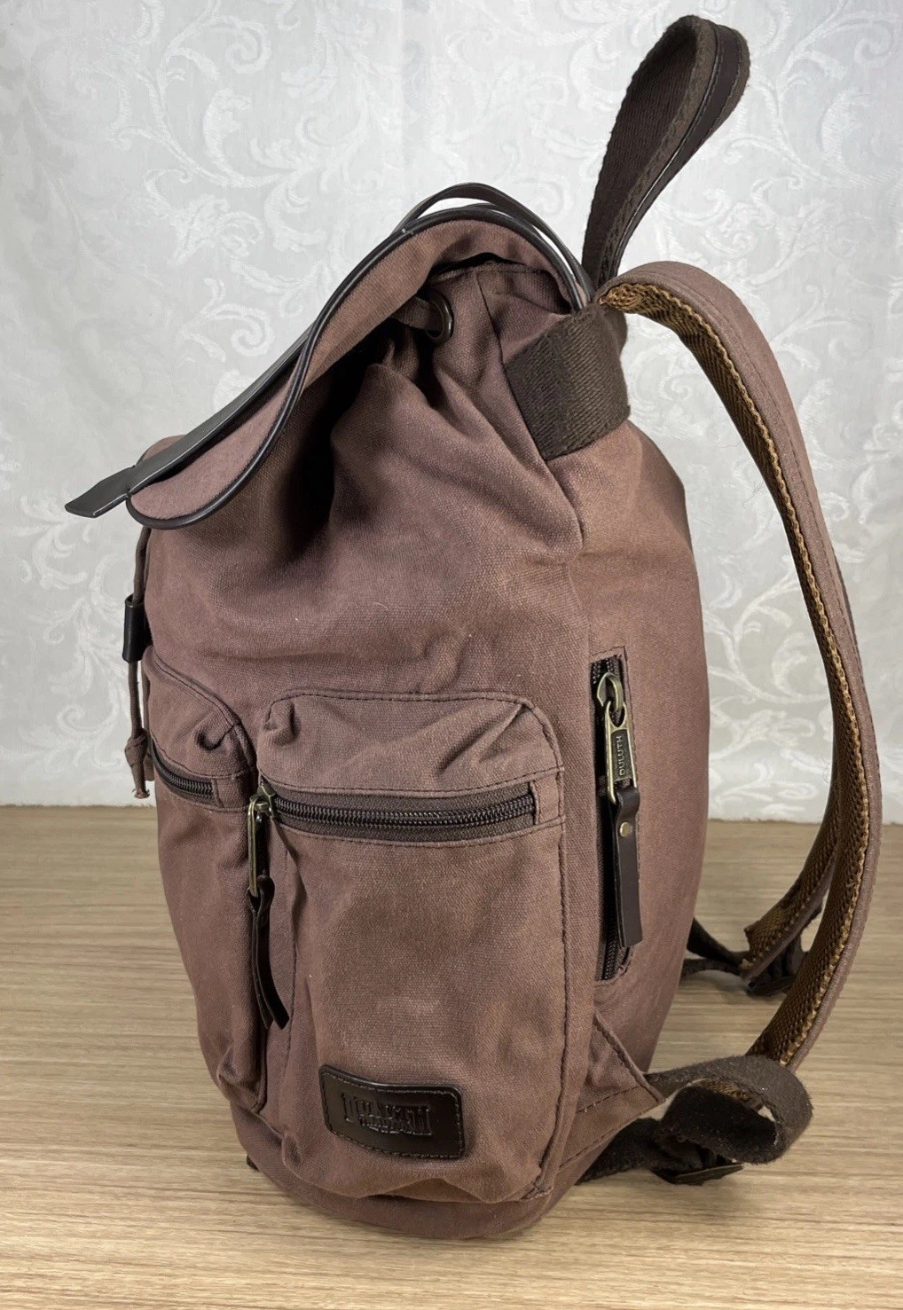 Duluth Trading Co Brown Canvas Pockets Drawstring Backpack Magnetic Top Closure