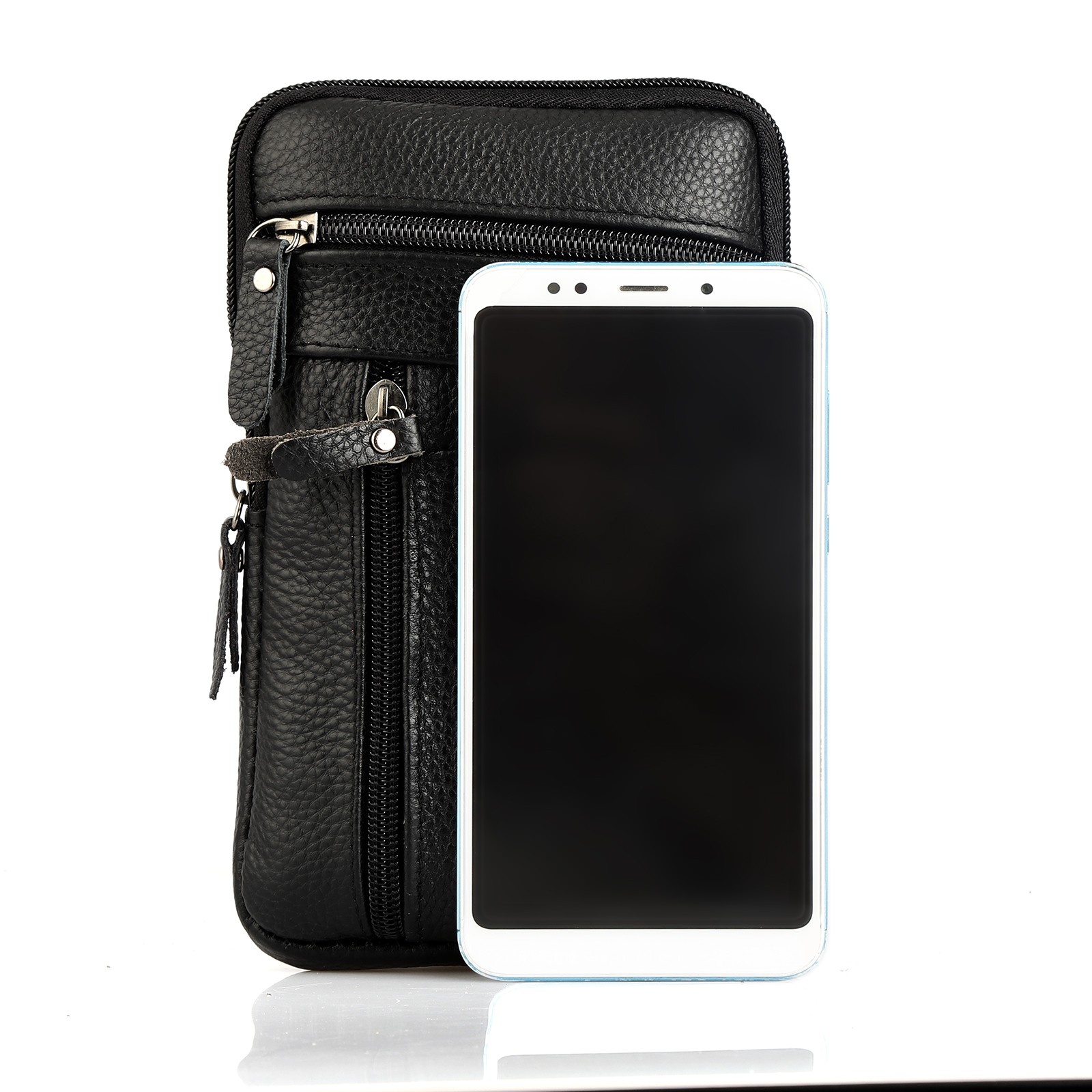 Men Leather Belt Bag Fashion Crossbody Phone Waist Pack 3-Zip Pouch Black/Brown