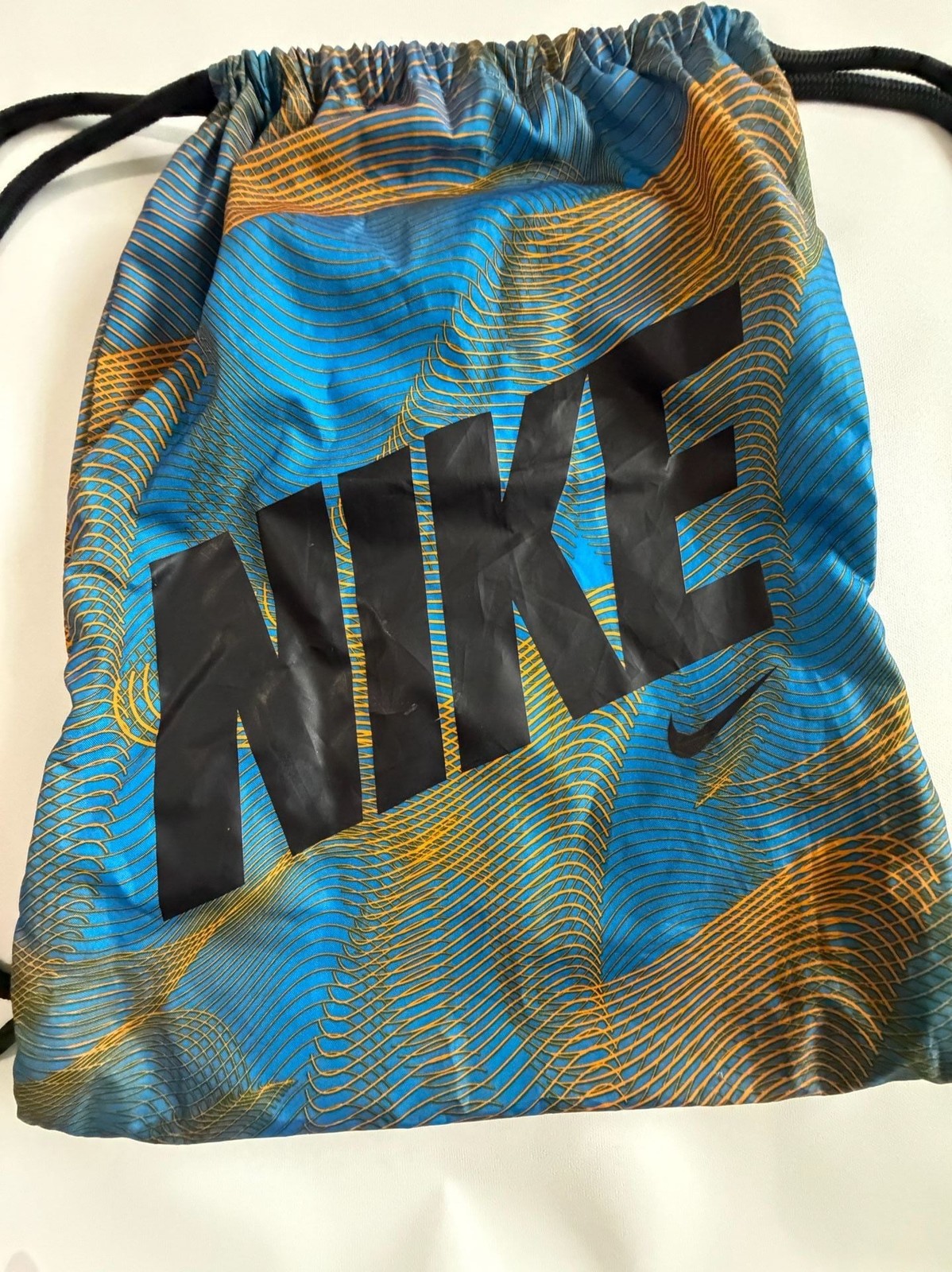 Nike Graphic Print Drawstring Gym Sack Backpack Bag Blue Orange Cinch Sport OS