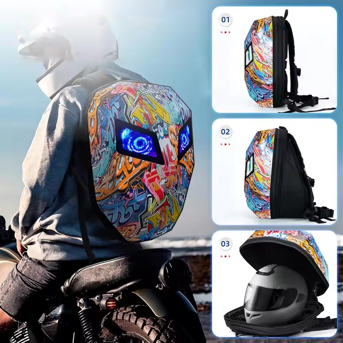 Motorcycle LED Knight Backpack DIY Programmable 3D Hard Shell Waterproof Laptop