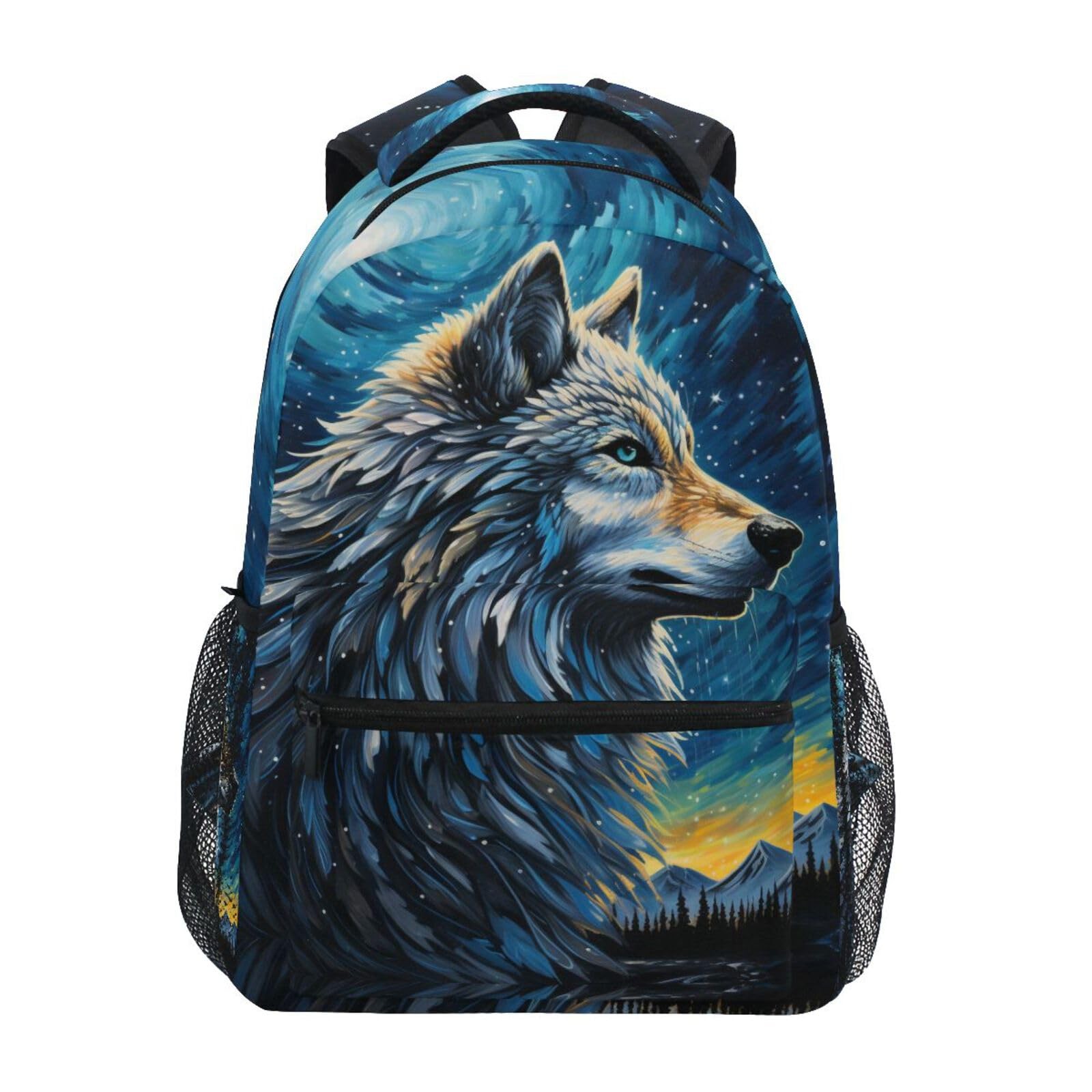 Wolf Blue Starry Sky Backpack Fits 3rd/4th/5th Grade Bookbag Travel Laptop