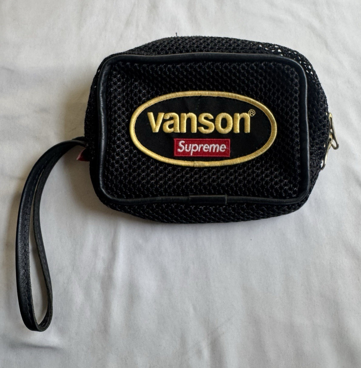 Supreme x Vanson Cow Leather Bl. Zip Wrist Strap Clutch P. Lined Brass, Initials