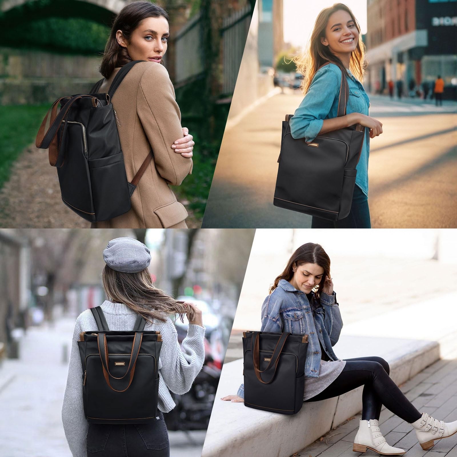 Convertible Laptop Backpack For Women Casual Daypack Notebook Tote Bag Black