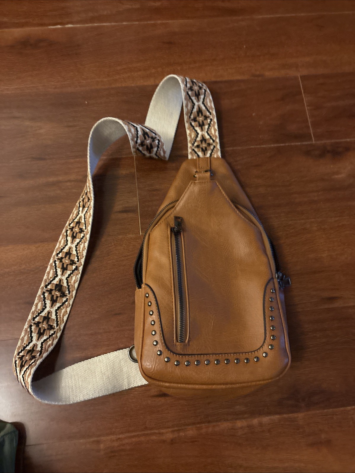 Sam & Hadley Cognac Vegan Leather Macrame Guitar Strap Crossbody Sling Bag