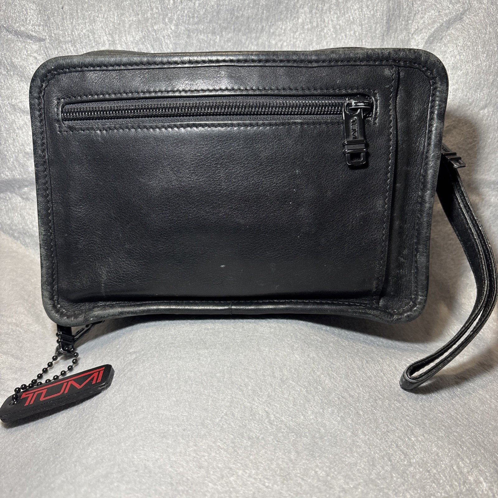 TUMI Second Bag Clutch Bag Leather Black Multi Pocket Japan W/ Charm Authentic