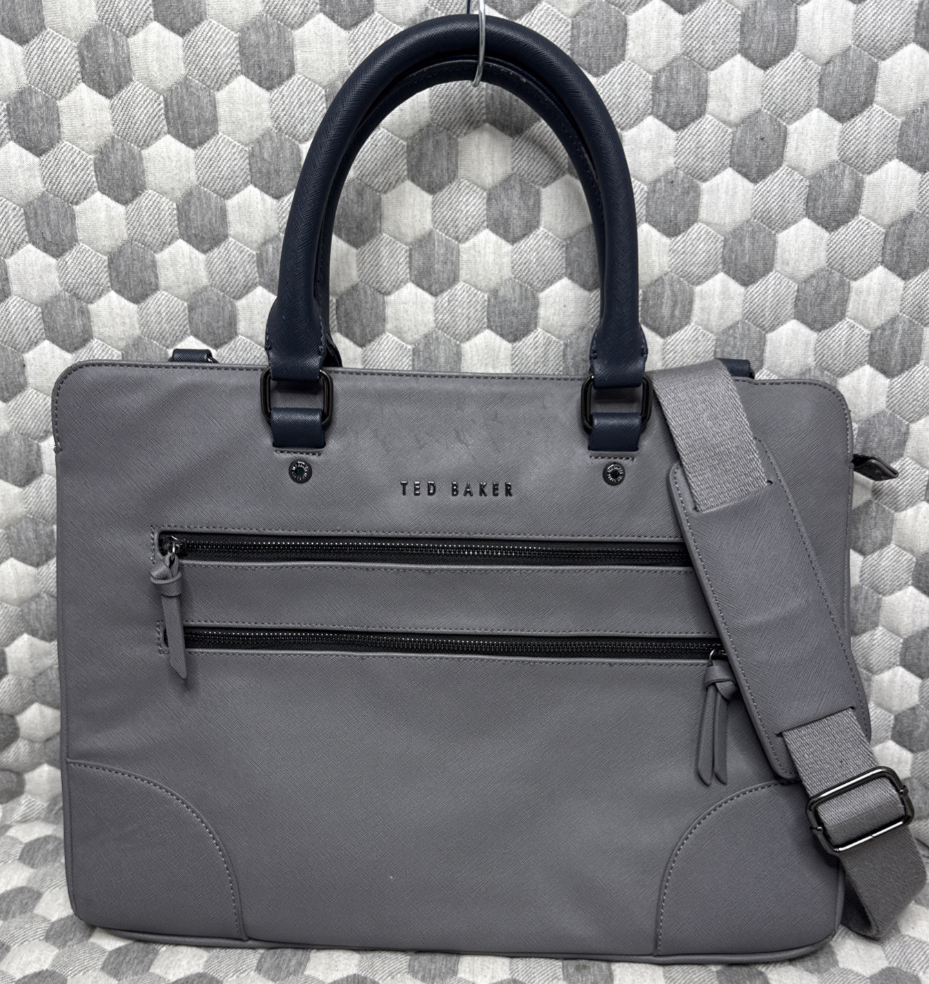 Ted Baker Cross-Grain Faux-Leather Documet Bag Laptop Briefcase Gunmetal Blue