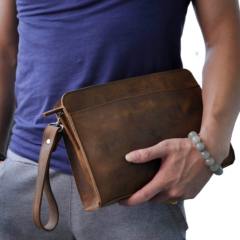 Mens Real Leather Briefcase Wrist Clutch Handbag Sling Messenger Bag Organizer