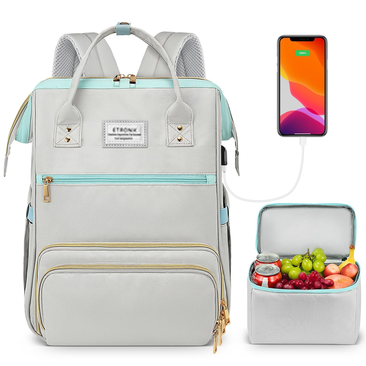 Grey Blue 15.6 Inch Lunch Backpack, USB Port, Insulated, Nurse, Teacher, Women