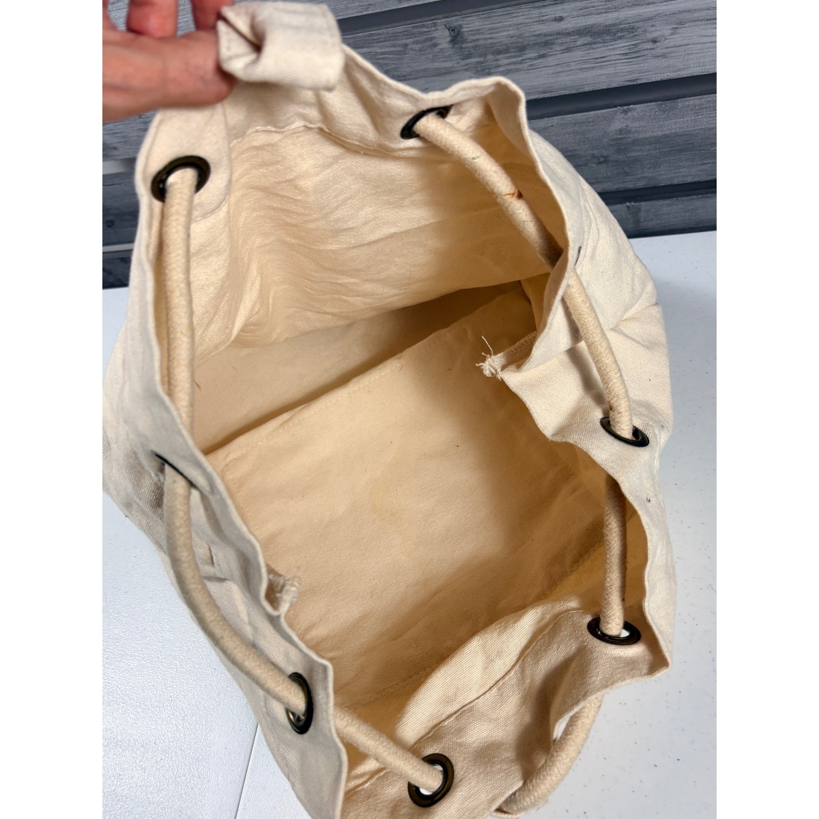 Vintage Croquet Canvas Drawstring Backpack Cream Tote Bag