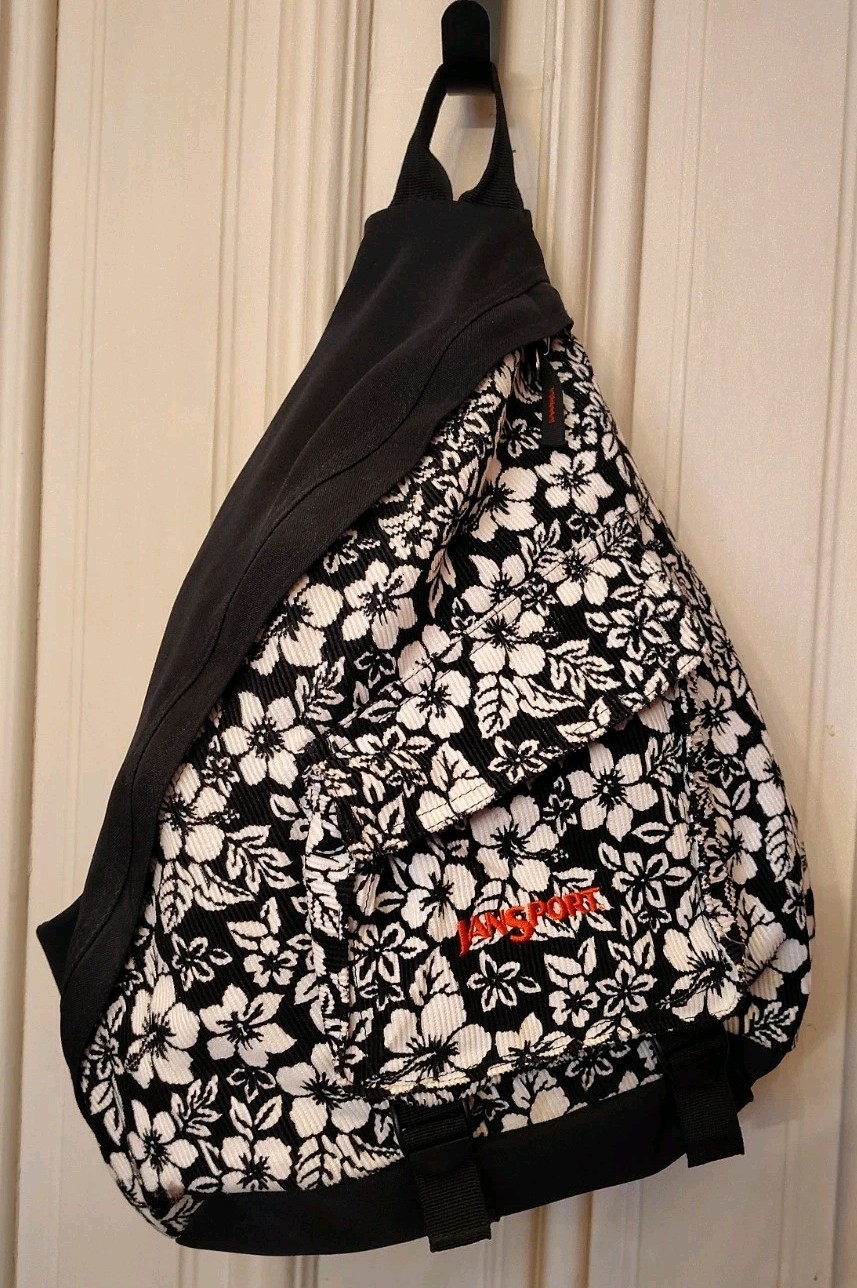 Vtg Jansport Sling Backpack Black Ivory Corduroy Hawaiian Floral Hibiscus