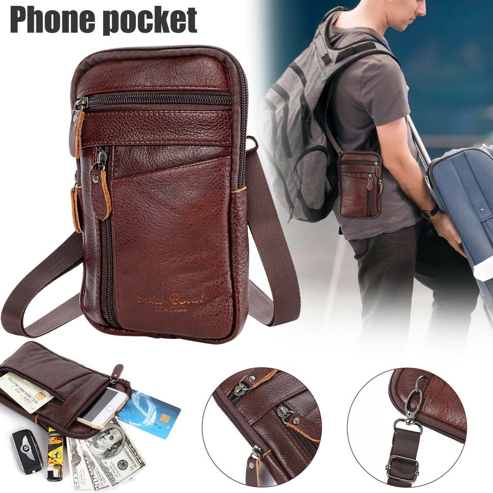 Vertical Men Leather Fashion Phone Pouch Belt Bag Shoulder Crossbody Waist Pack