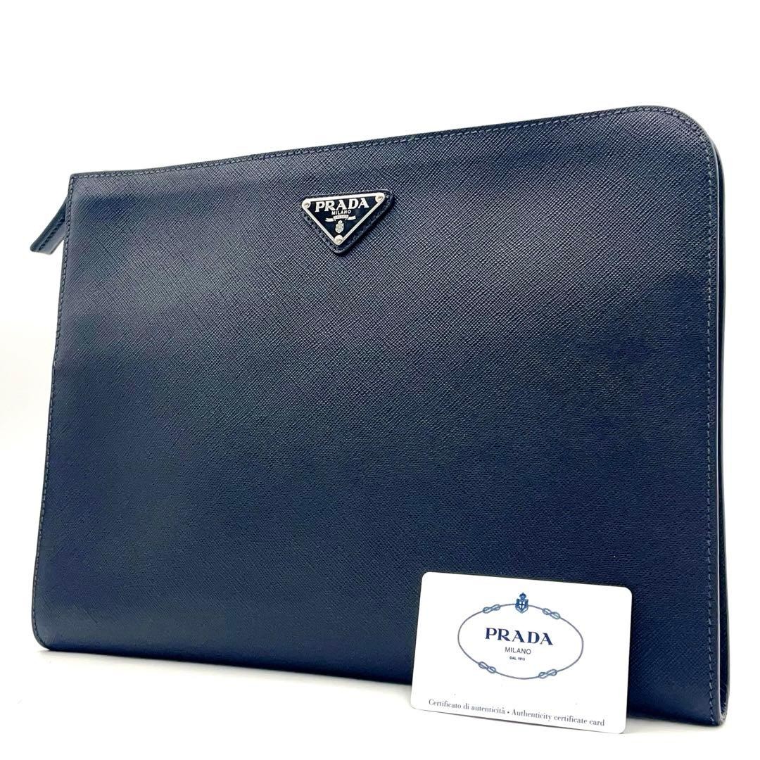 PRADA 2VN003 Saffiano Triangle Leather Clutch Bag Black A4 Business Case