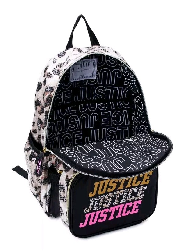 JUSTICE Girls 17″ Backpack Set with Lunch Bag, PomPom & Pouch Leopard 4-Pcs