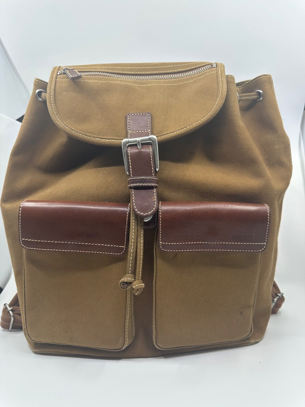 Fossil Expedition No 11552 Brown Canvas Backpack Leather Trim Rugged Goods