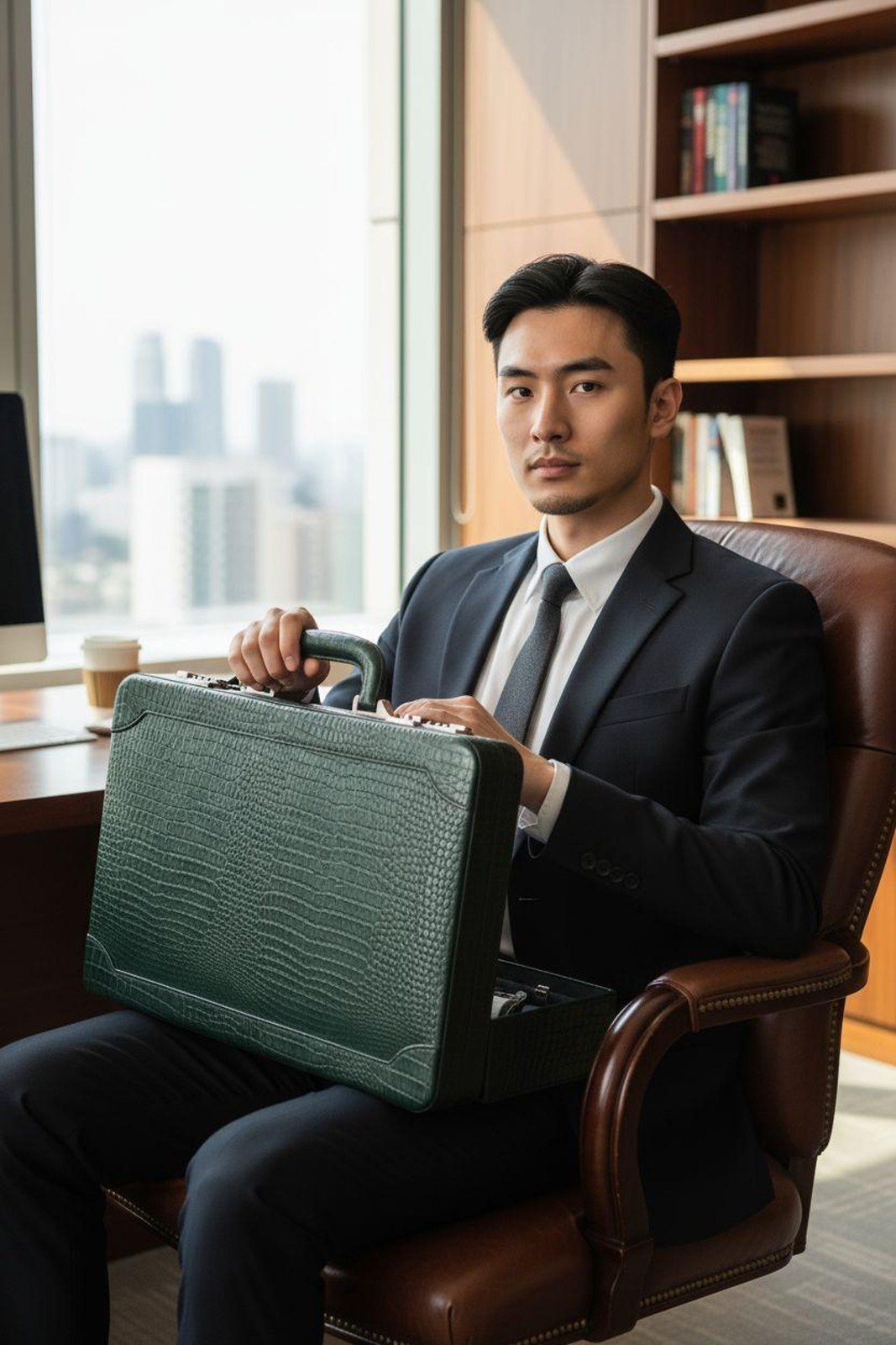 Croco Green Leather Briefcase for Men, 14″ Laptop Attache, Document Organizer