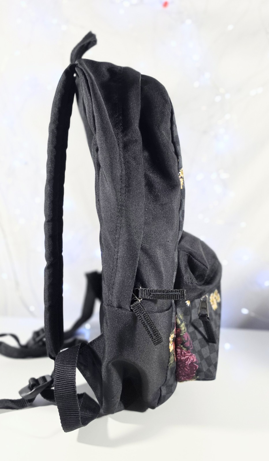 Vans Realm Backpack Black Charcoal Checkerboard Floral Roses Daisy Backpack A34