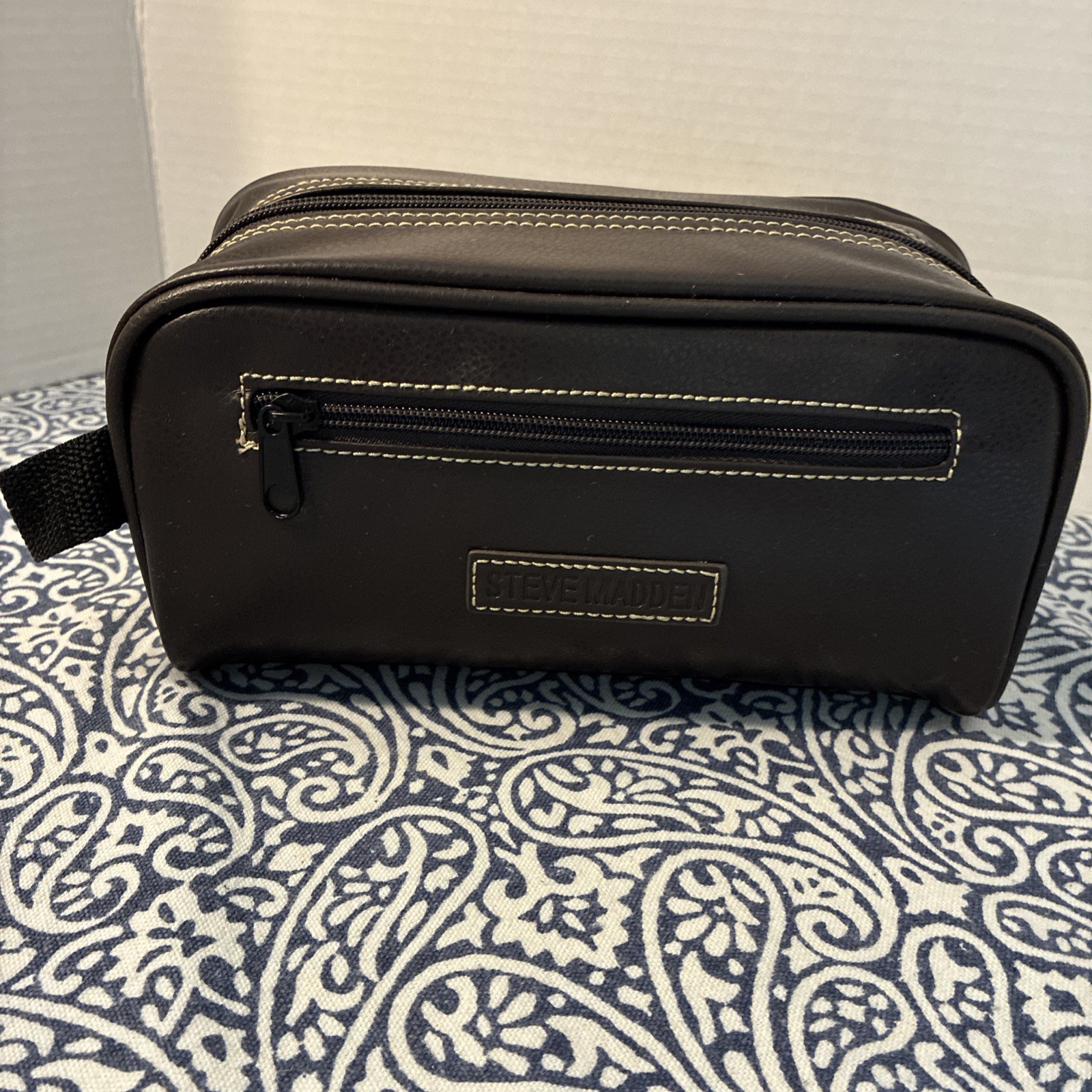 STEVE MADDEN Men’s Brown Zipper Toiletry Bag Kit w Zip Side Pouch Vegan Leather