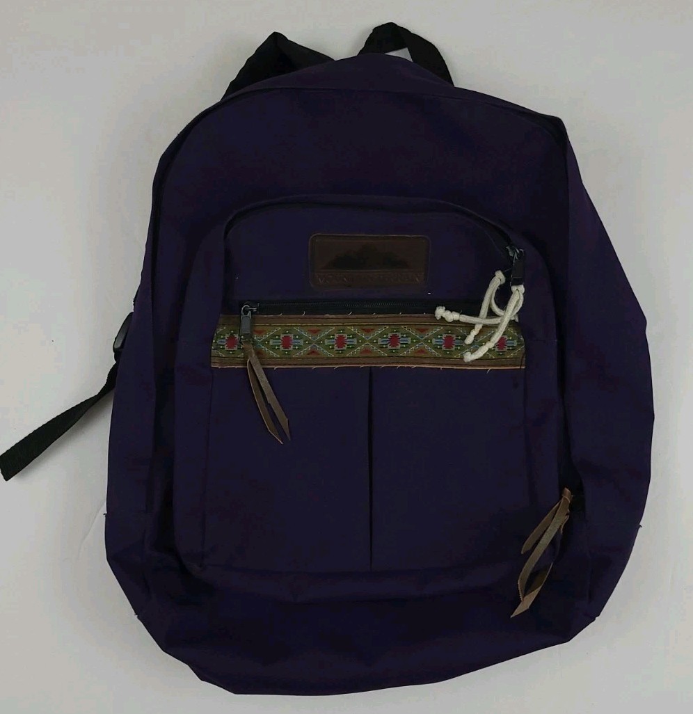 Vintage 90s Mountain Terrain Purple Tribal Pattern Stripe Backpack Book Bag Used