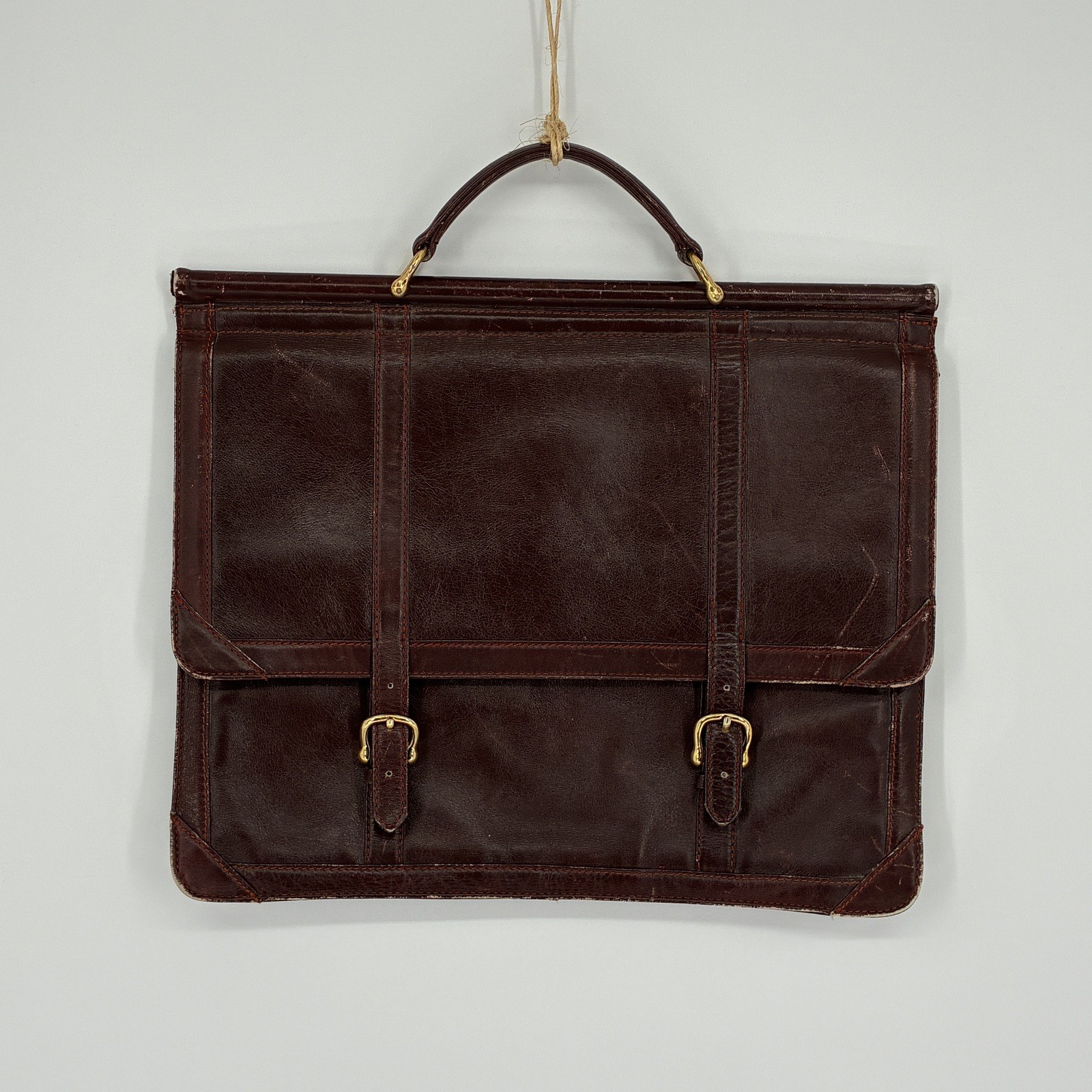 Vintage Dansk Leather Briefcase Brown Burgundy Oxblood Red Handle Gold Buckles