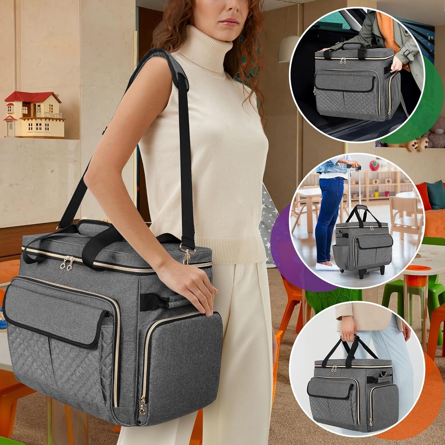 LUXJA Rolling Teacher Bag, Multifunctional Rolling Briefcase, Gray