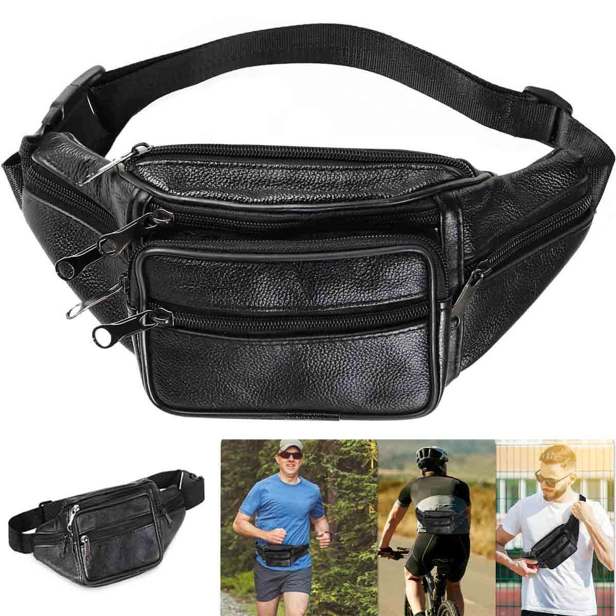 Genuine Leather Fanny Pack Multi Zippered Sports Hip Waist Bag Belt Purse Pouch