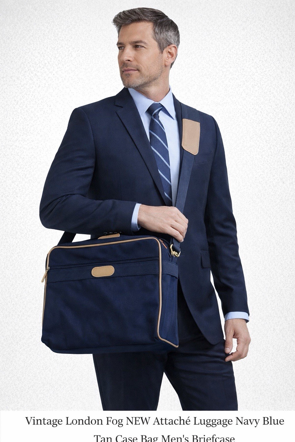 Vintage London Fog NEW attaché Luggage Navy Blue Tan Case Bag Men’s Briefcase