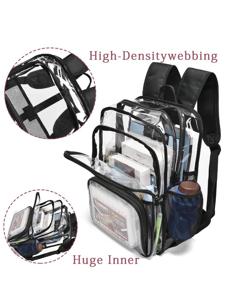 Clear Backpack, 15” Clear/Black Backpacks for School Heavy Duty See Through New