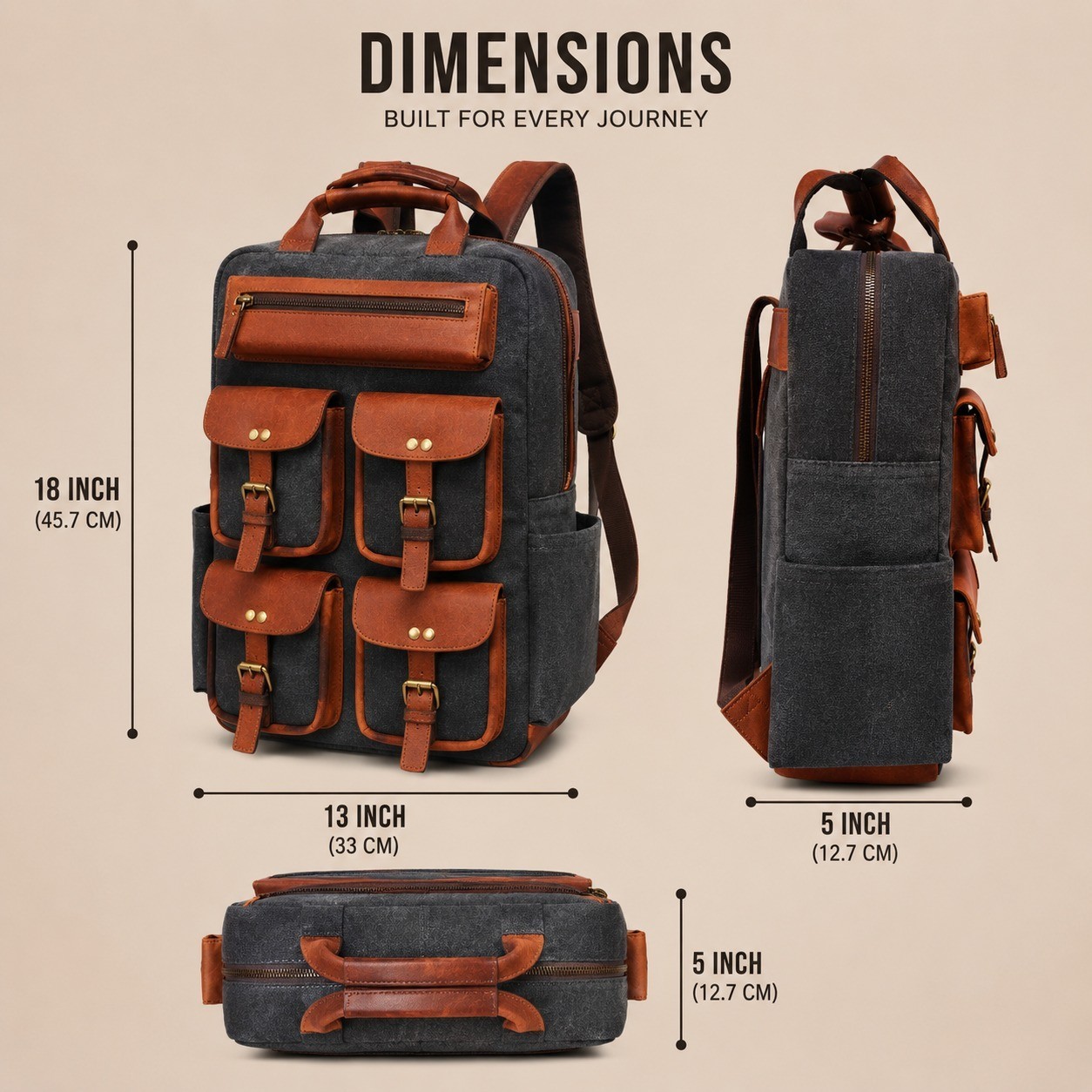 Durable Canvas & Leather Rucksack 18″ Multi-Pocket Travel Shoulder Backpack