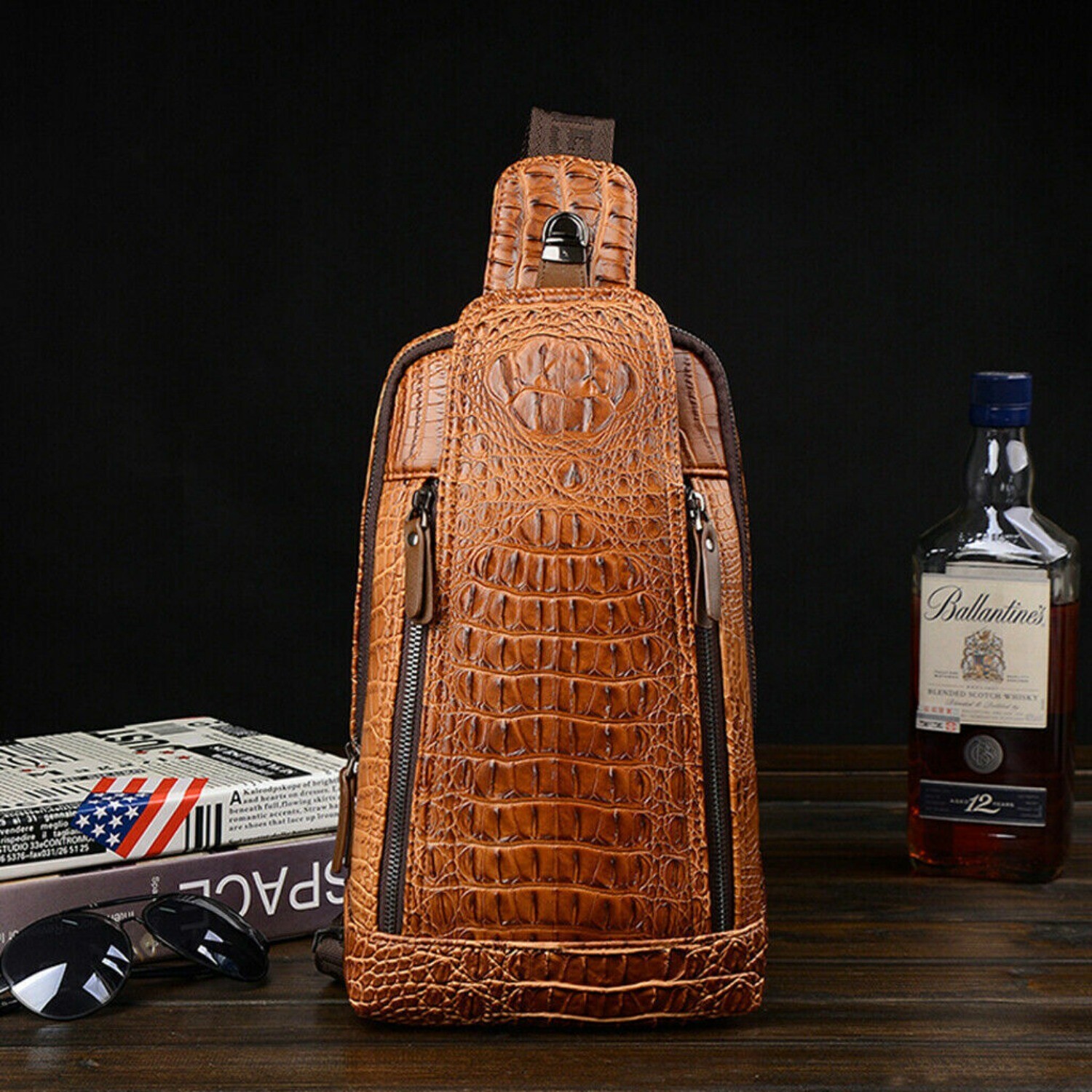 Men’s Leather Crocodile Pattern Chest Bag Sling Backpack Crossbody Travel Bag